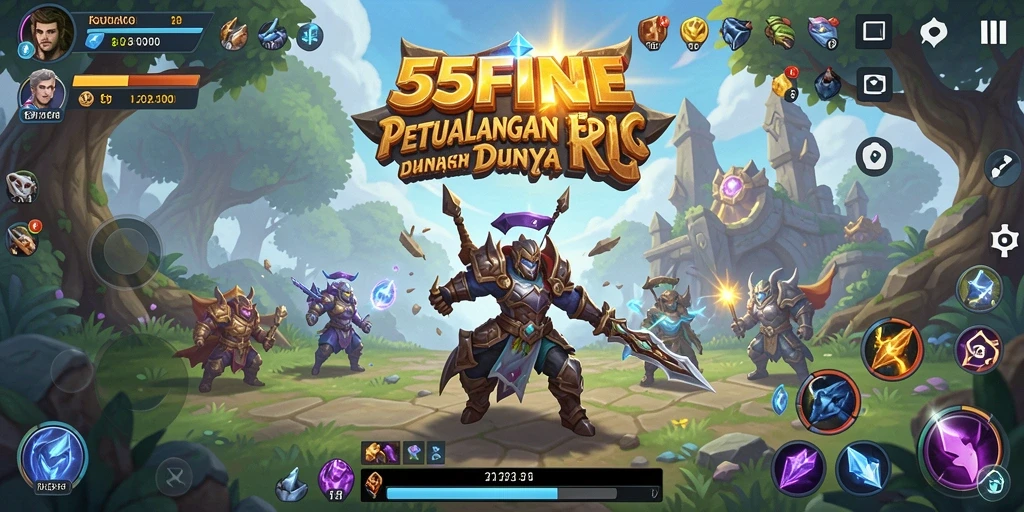 Tampilan gameplay <strong>55FIVE</strong> yang memperlihatkan pertarungan epik dan eksplorasi dunia.
