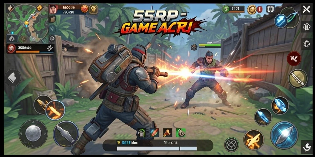 Screenshot 55RP menunjukkan aksi pertarungan yang mendebarkan.