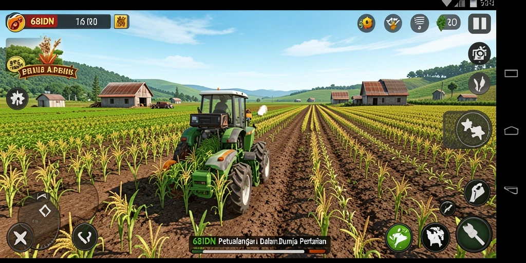 Tampilan screenshot 68IDN menunjukkan keseruan bertani di lahan yang luas.
