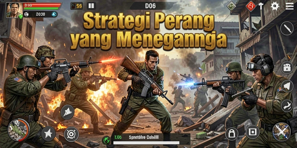 Screenshot gameplay D06 menunjukkan pertempuran strategis yang intens.