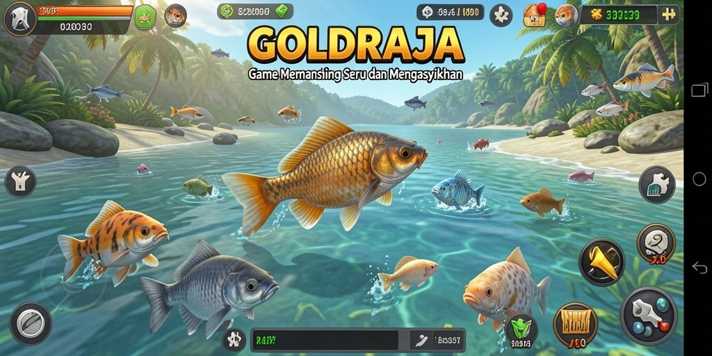 Screenshot dari gameplay memancing di GOLDRAJA yang mendebarkan.