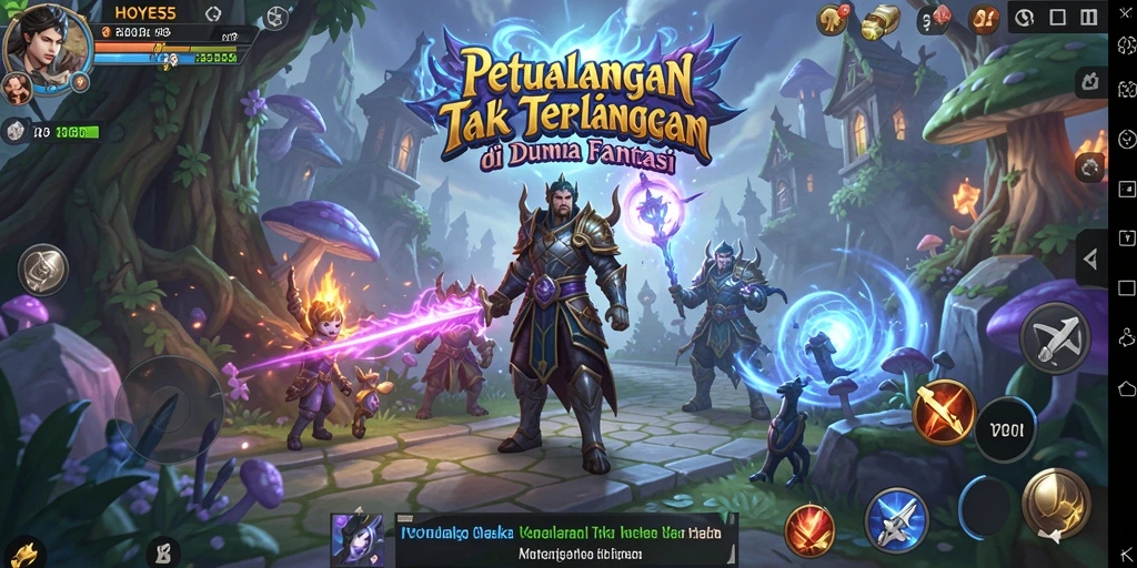 Screenshot gameplay HOYE55 menunjukkan petualangan di dunia fantasi yang menakjubkan.