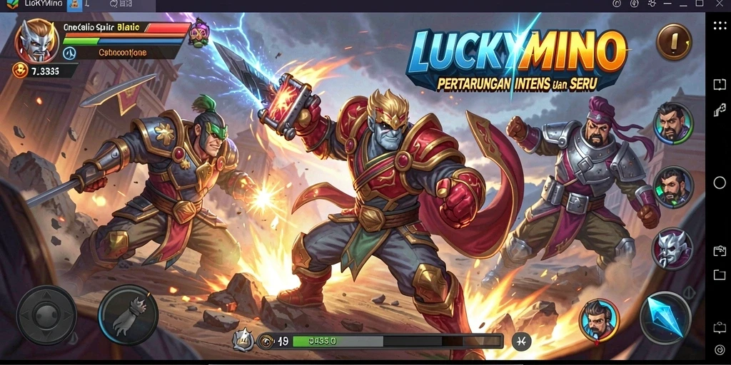 Screenshot gameplay LUCKYMINO menunjukkan pertarungan seru antara karakter-karakter unik.